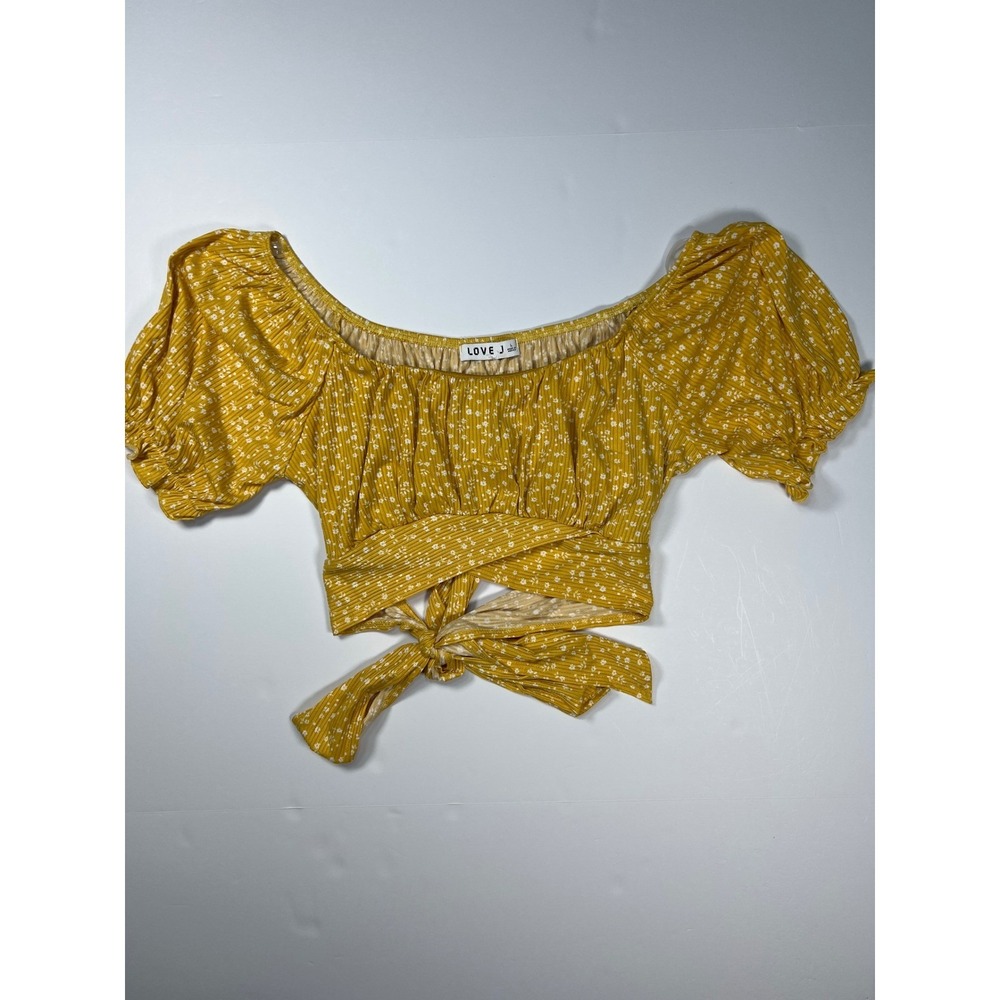 Love J Crop Top Large Mustard Yellow Floral Off‎ Shoulder Tie Waist Cottagecore